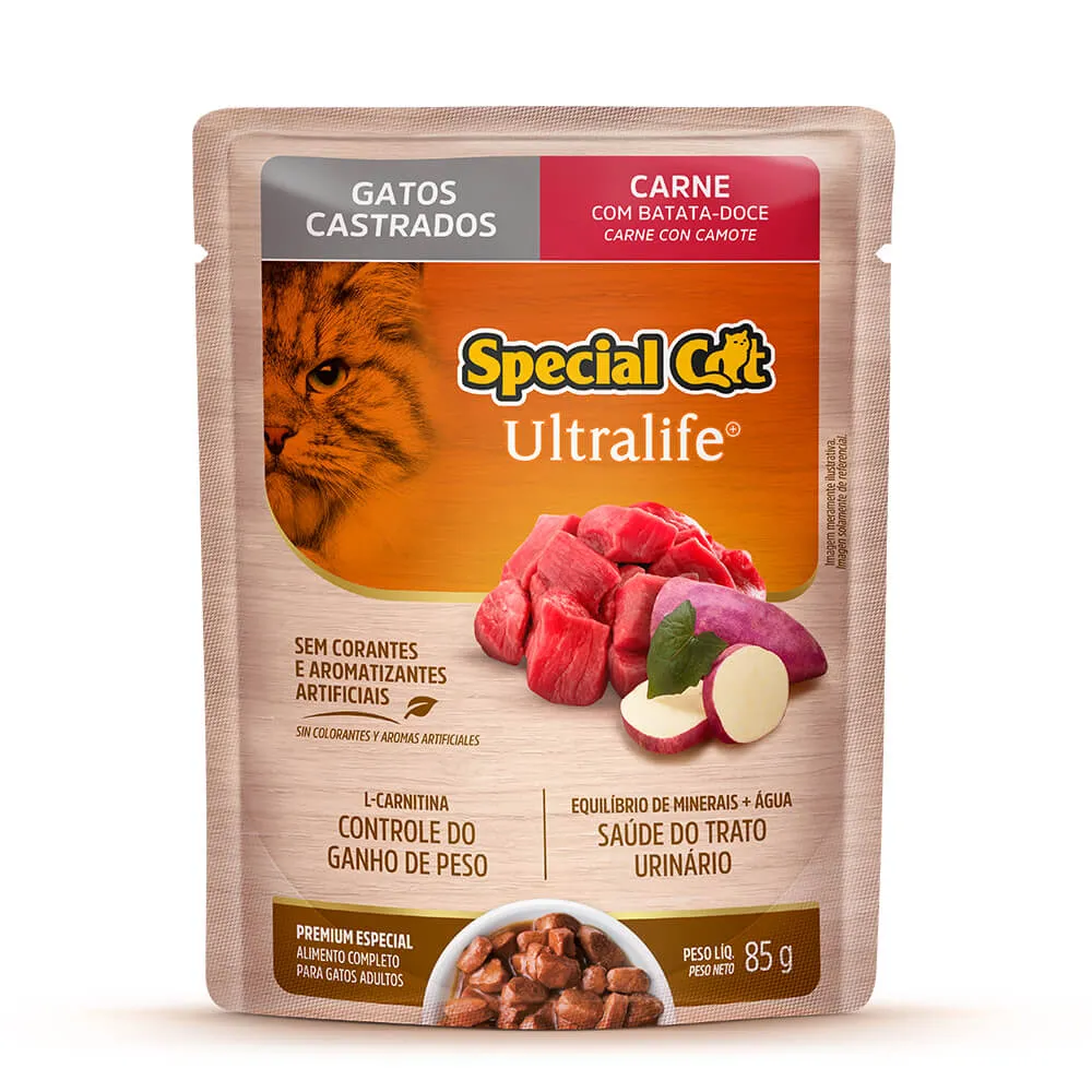 Ração Sachê Special Cat para Gatos Adultos Castrados Sabor Carne ao Molho 85 g